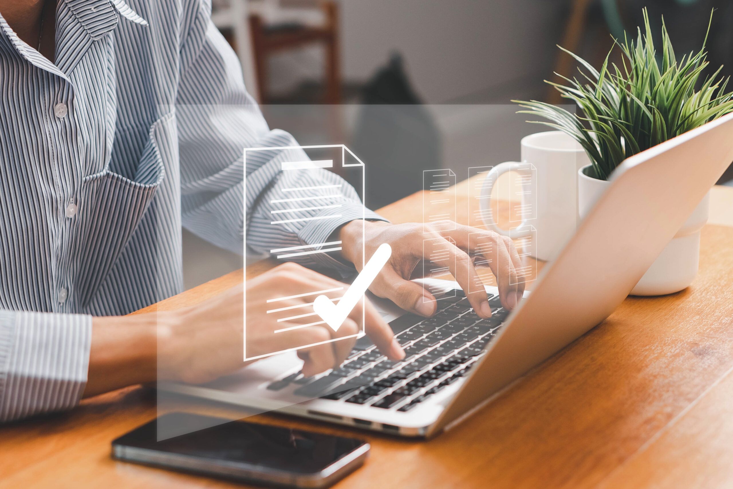 Document management concept, check electronic documents on digital documents on virtual screen Document Management System and process automation to efficiently document paperless operate, document.