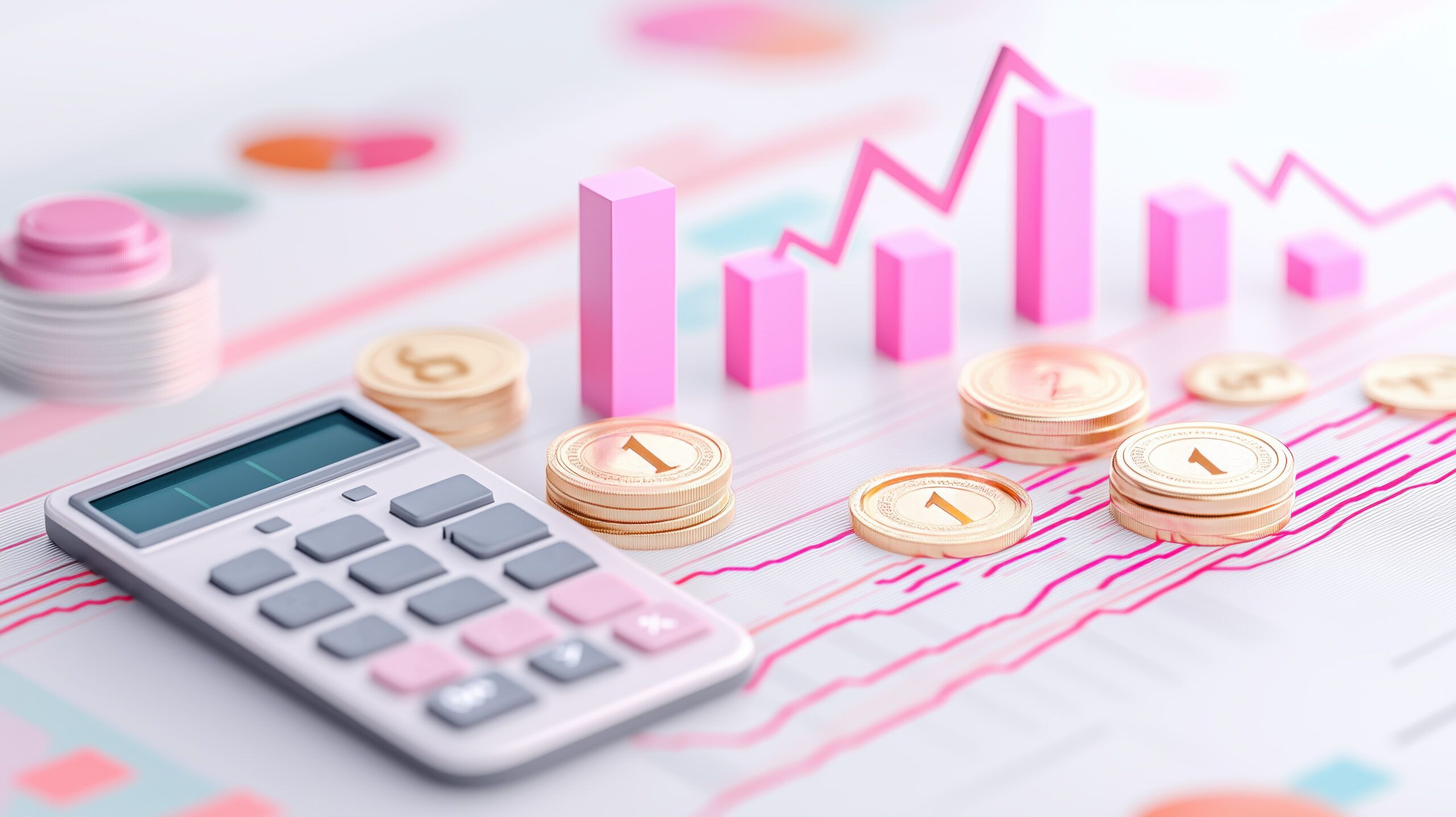 Financial calculator with coins and growth chart, symbolizing investment.